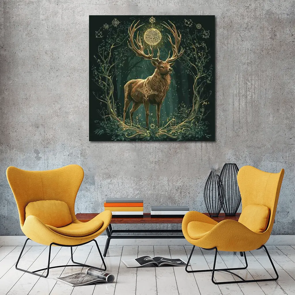 Mystic Stag Celtic Forest Glowing Moon Art – Wall Art