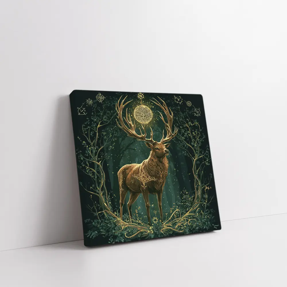 Mystic Stag Celtic Forest Glowing Moon Art – Wall Art