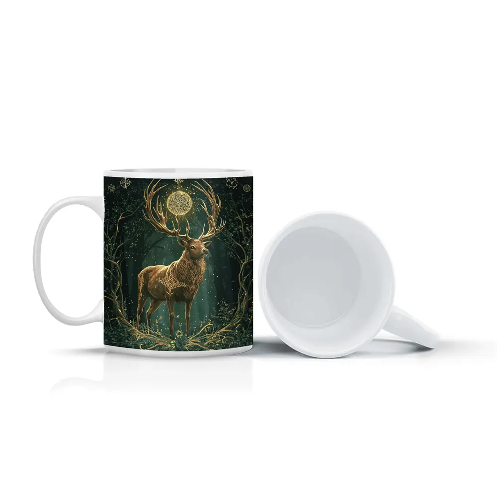 Mystic Stag Celtic Forest Glowing Moon Art – Mugs