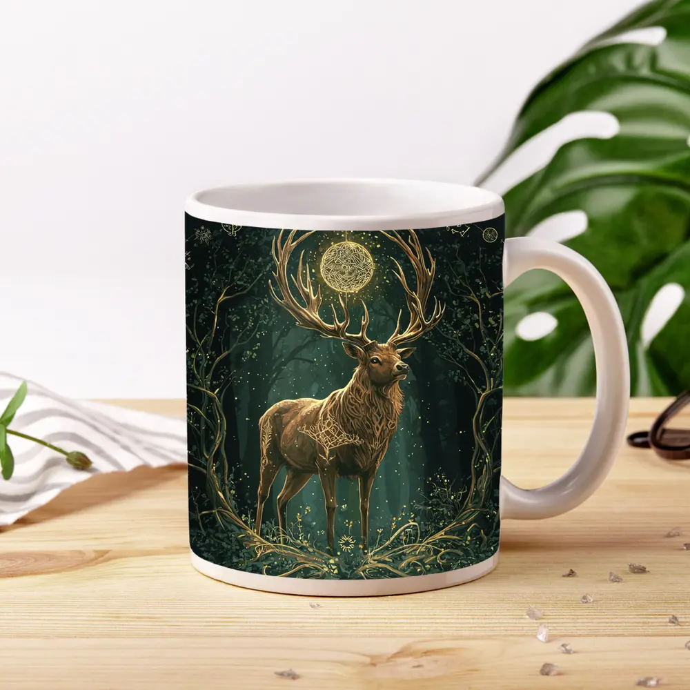 Mystic Stag Celtic Forest Glowing Moon Art – Mugs