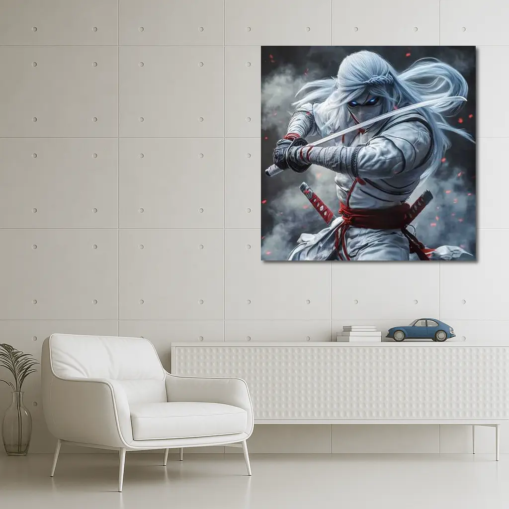 White Ninja Warrior Dual Katana Smoke – Wall Art