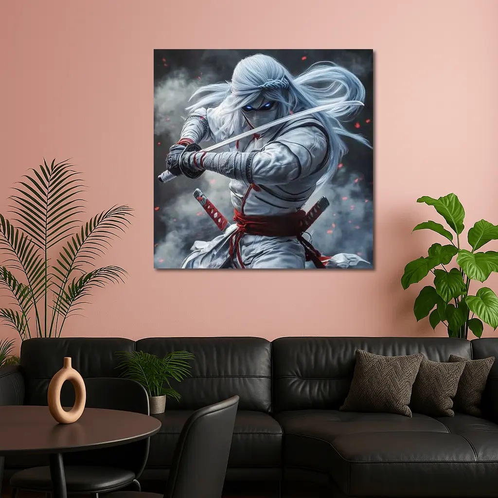 White Ninja Warrior Dual Katana Smoke – Wall Art