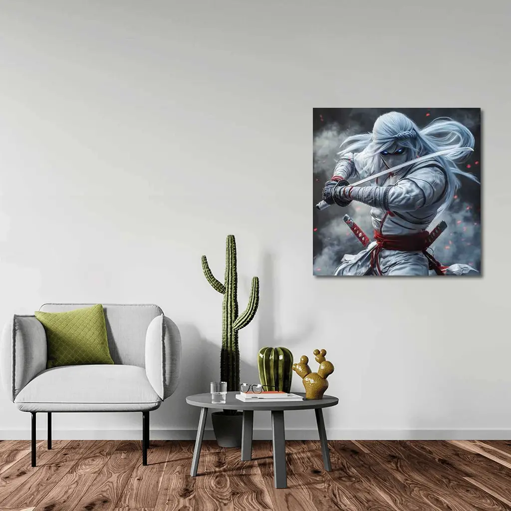 White Ninja Warrior Dual Katana Smoke – Wall Art