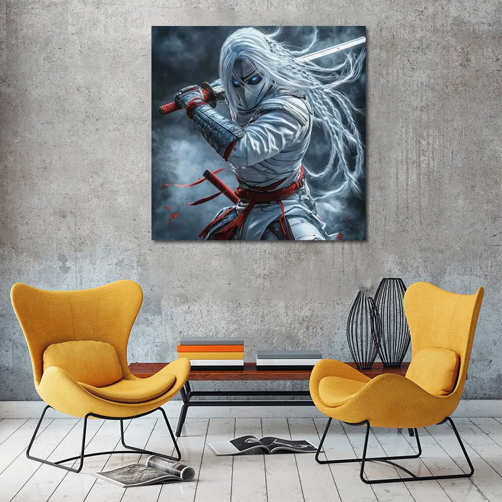 White Ninja Warrior with Katana Sword – Wall Art