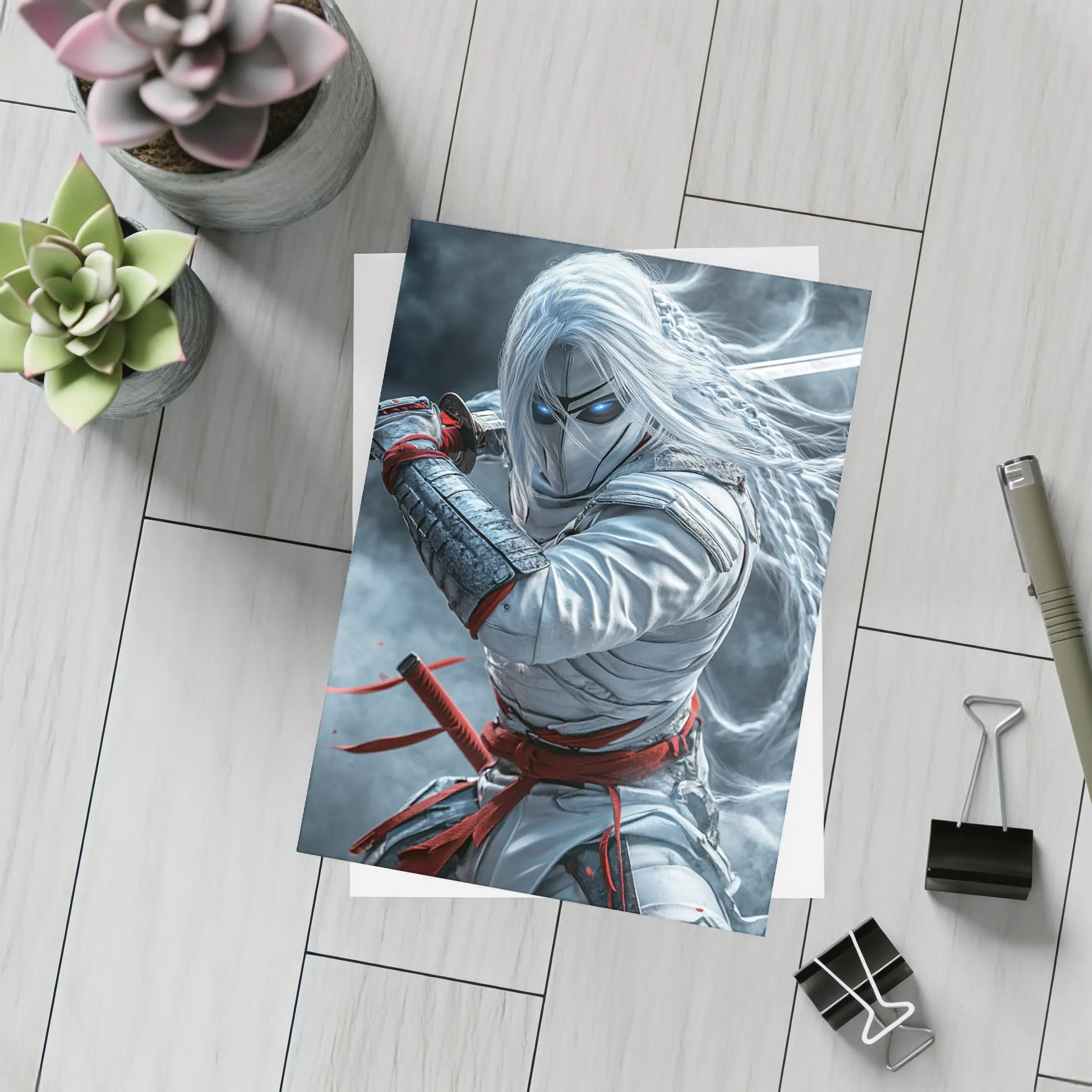 White Ninja Warrior with Katana Sword – Postcards