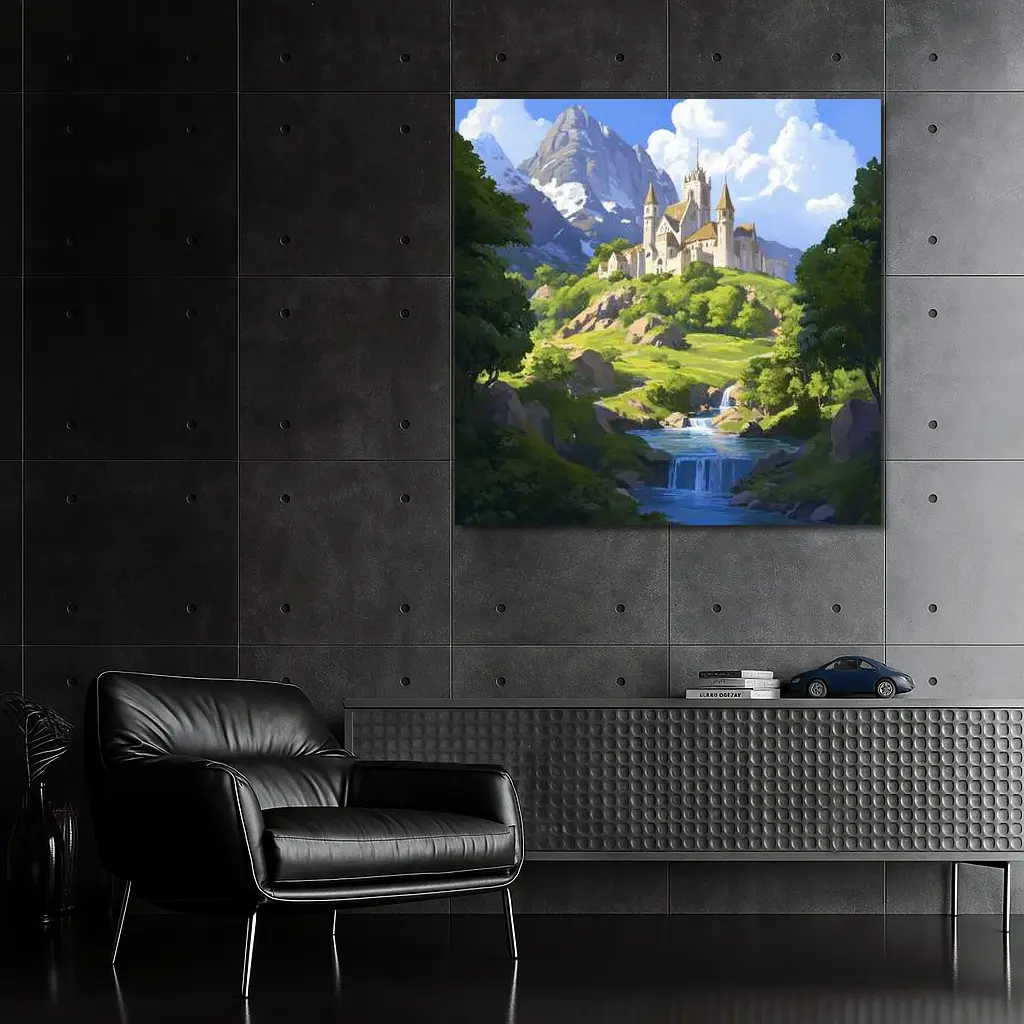 Fantasy Castle on Hill With Waterfall – Wall Art