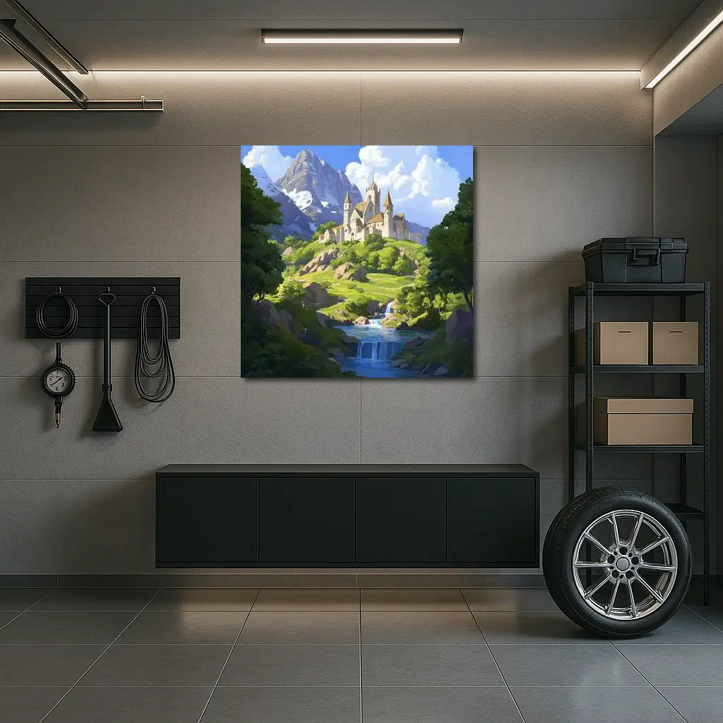 Fantasy Castle on Hill With Waterfall – Wall Art