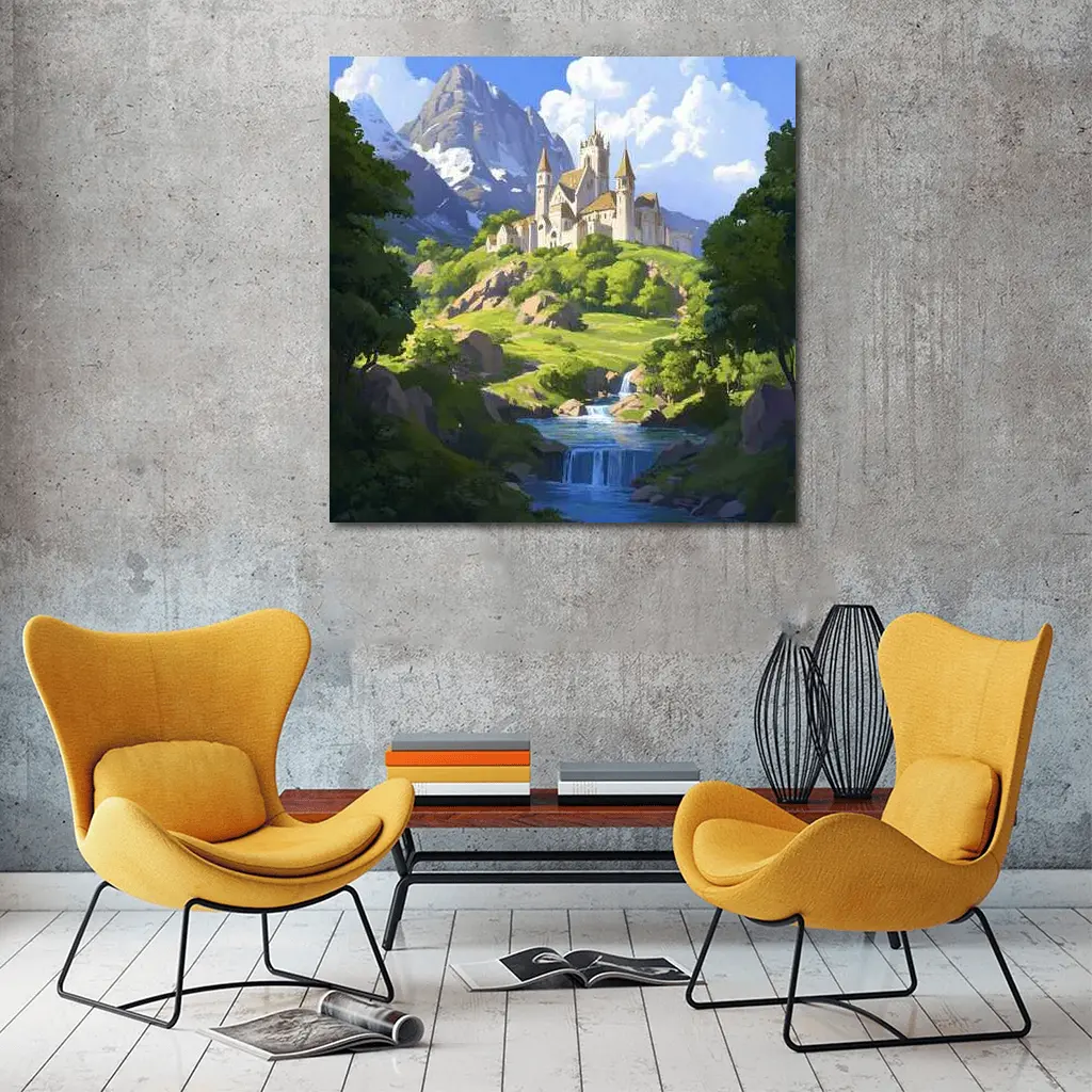 Fantasy Castle on Hill With Waterfall – Wall Art