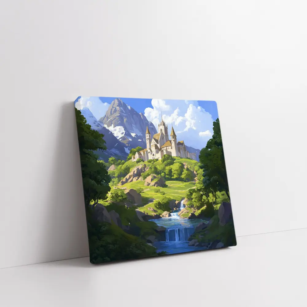 Fantasy Castle on Hill With Waterfall – Wall Art