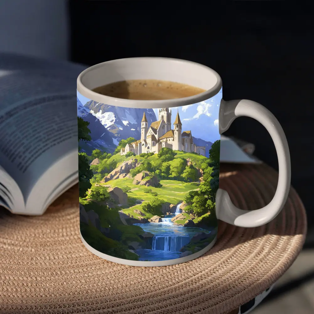 Fantasy Castle on Hill With Waterfall – Mugs