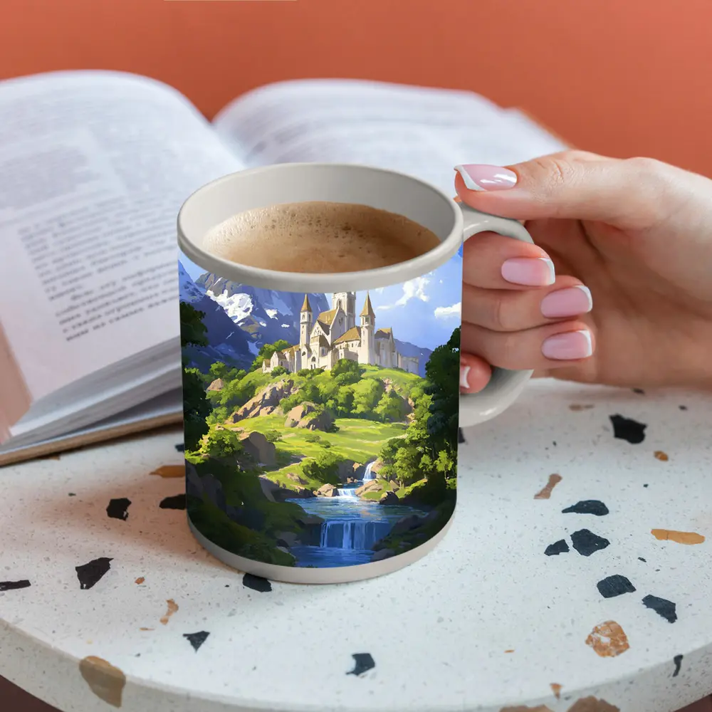 Fantasy Castle on Hill With Waterfall – Mugs