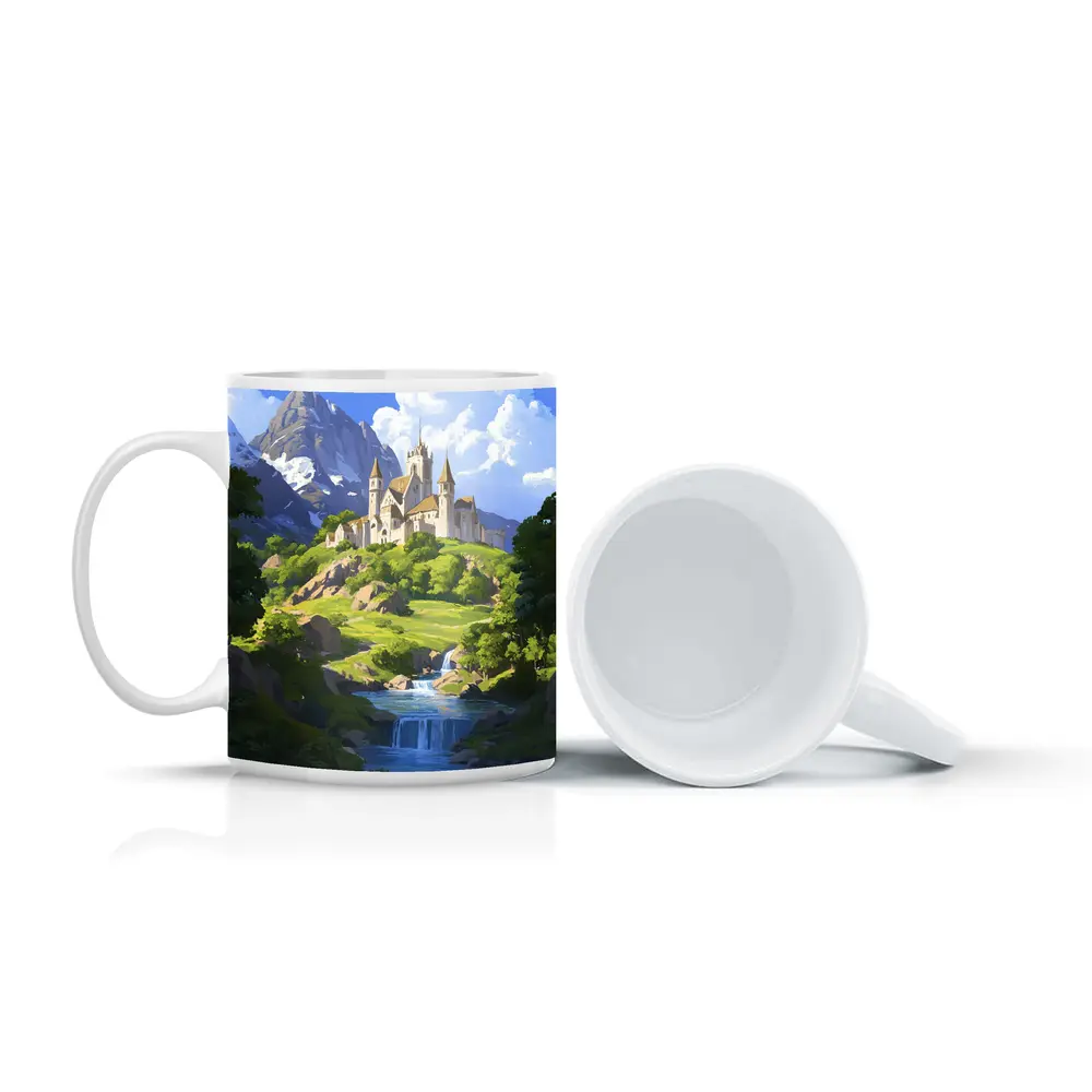 Fantasy Castle on Hill With Waterfall – Mugs