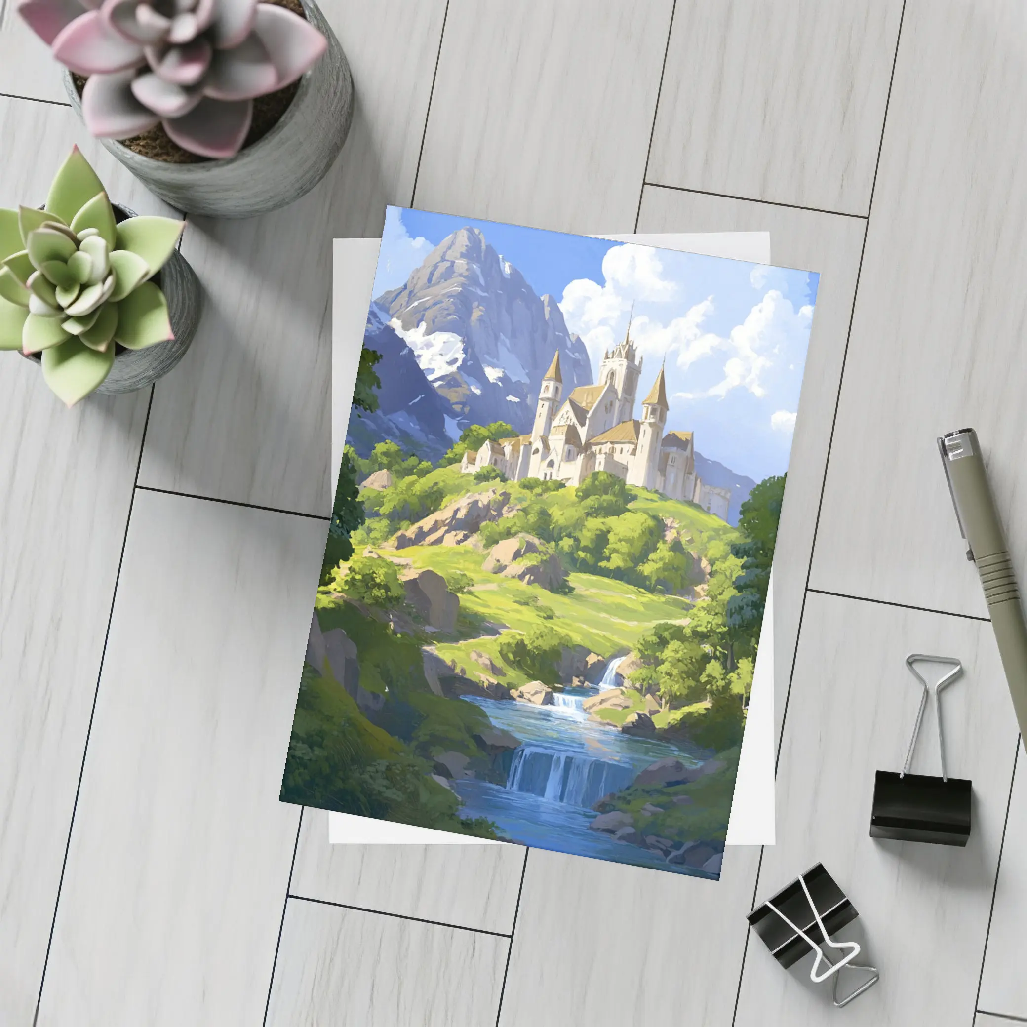 Fantasy Castle on Hill With Waterfall – Postcards