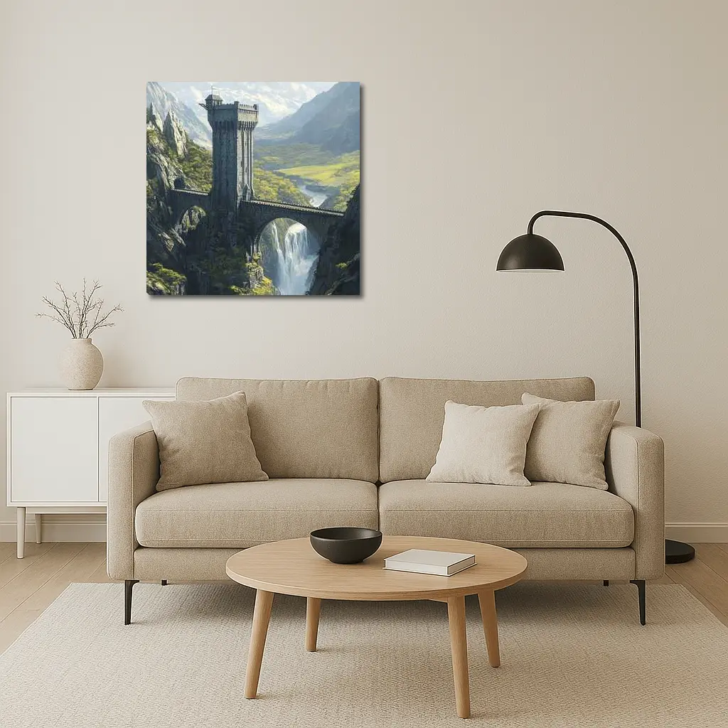 Fantasy Stone Tower Bridge Waterfall Mountains – Wall Art