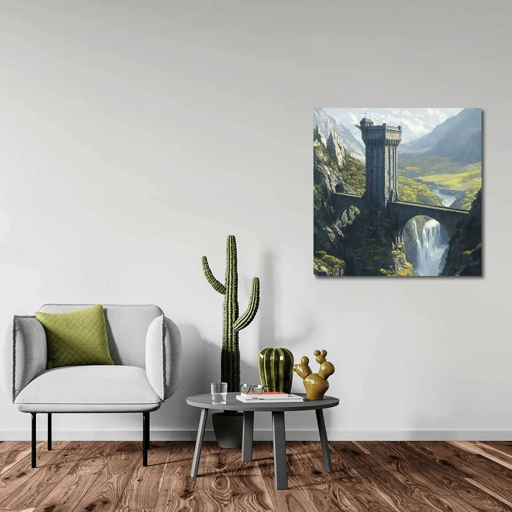 Fantasy Stone Tower Bridge Waterfall Mountains – Wall Art