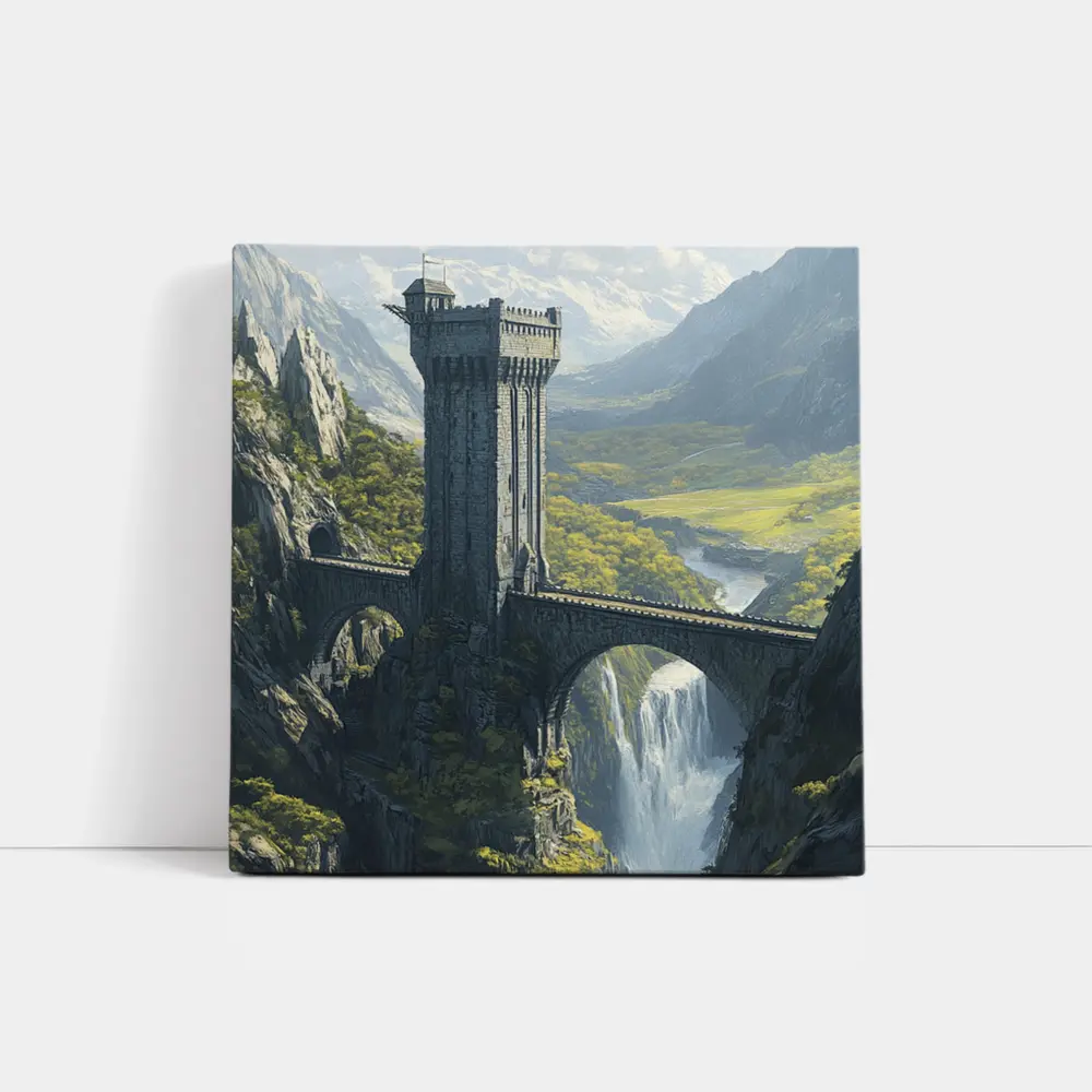 Fantasy Stone Tower Bridge Waterfall Mountains – Wall Art