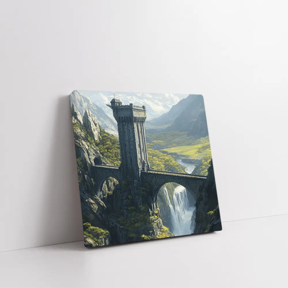Fantasy Stone Tower Bridge Waterfall Mountains – Wall Art