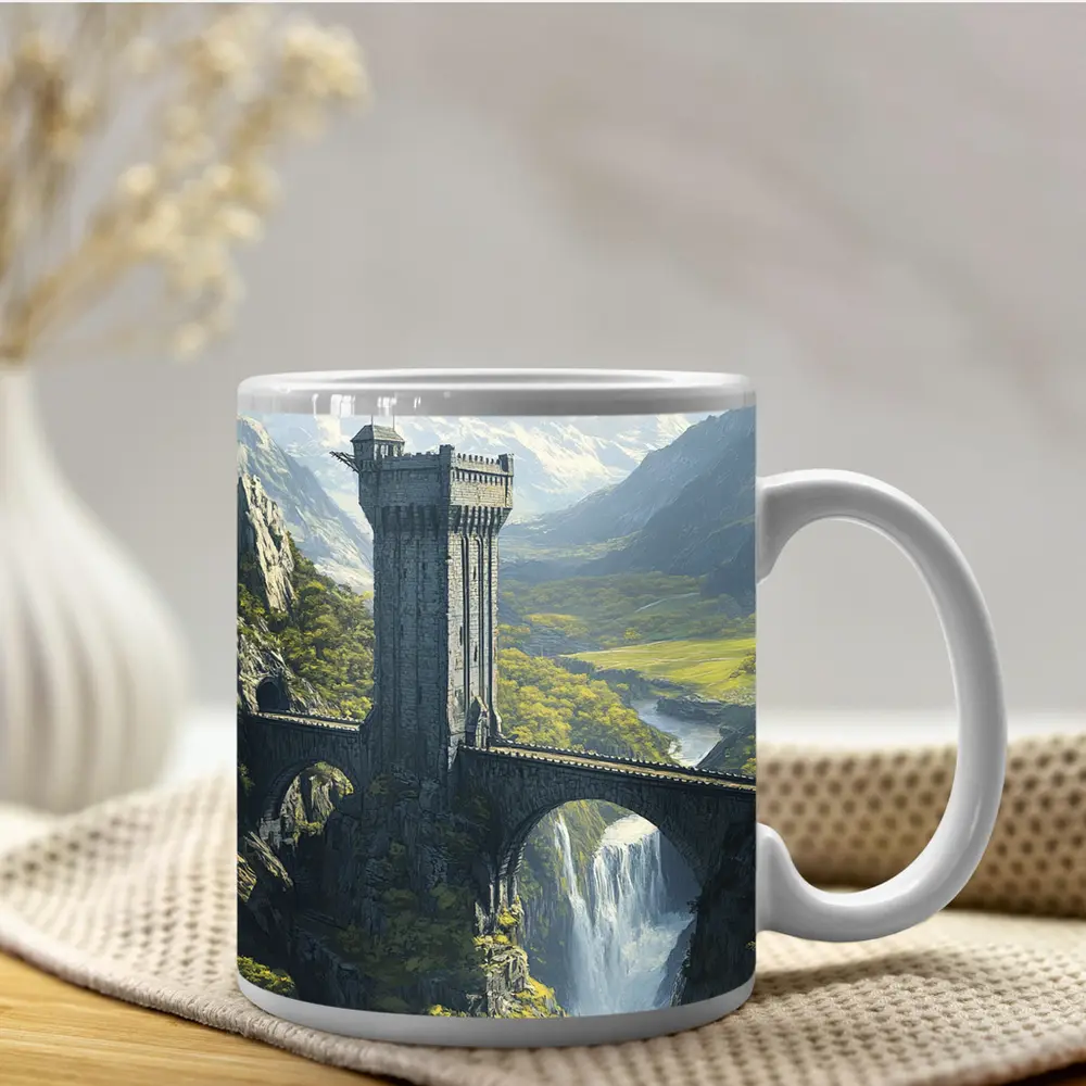 Fantasy Stone Tower Bridge Waterfall Mountains – Mugs