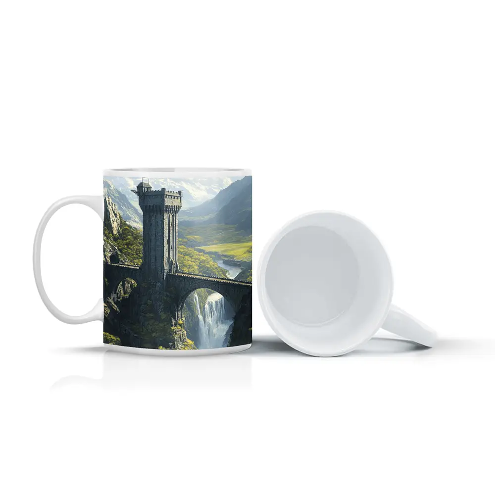 Fantasy Stone Tower Bridge Waterfall Mountains – Mugs