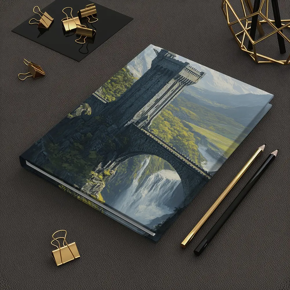 Fantasy Stone Tower Bridge Waterfall Mountains – Notebooks