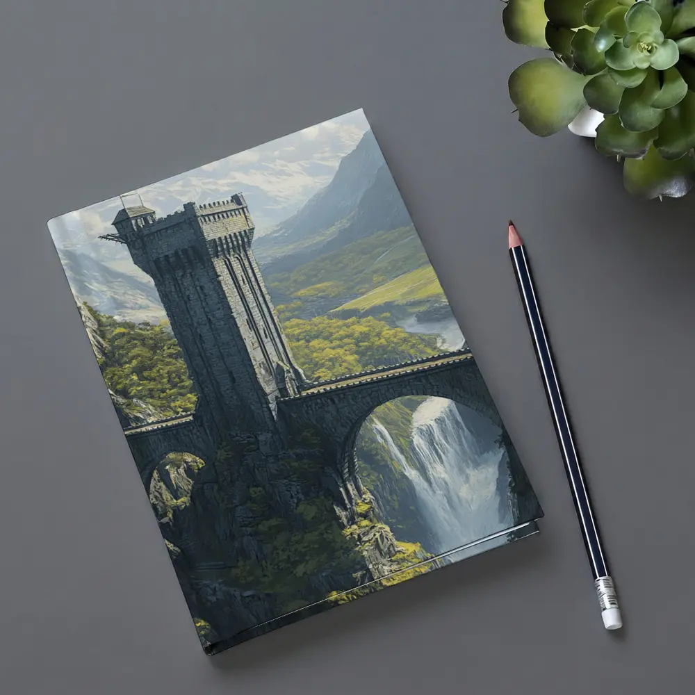 Fantasy Stone Tower Bridge Waterfall Mountains – Notebooks