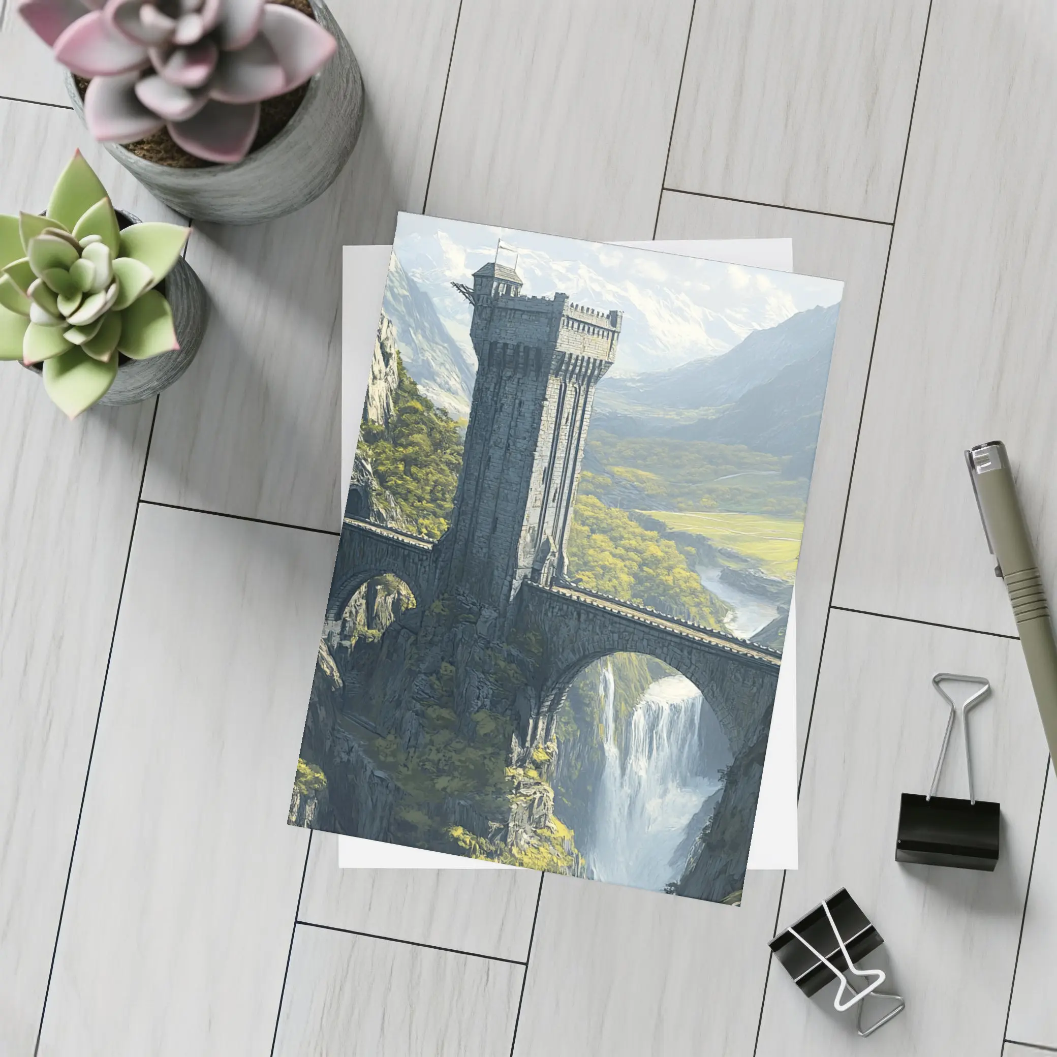 Fantasy Stone Tower Bridge Waterfall Mountains – Postcards