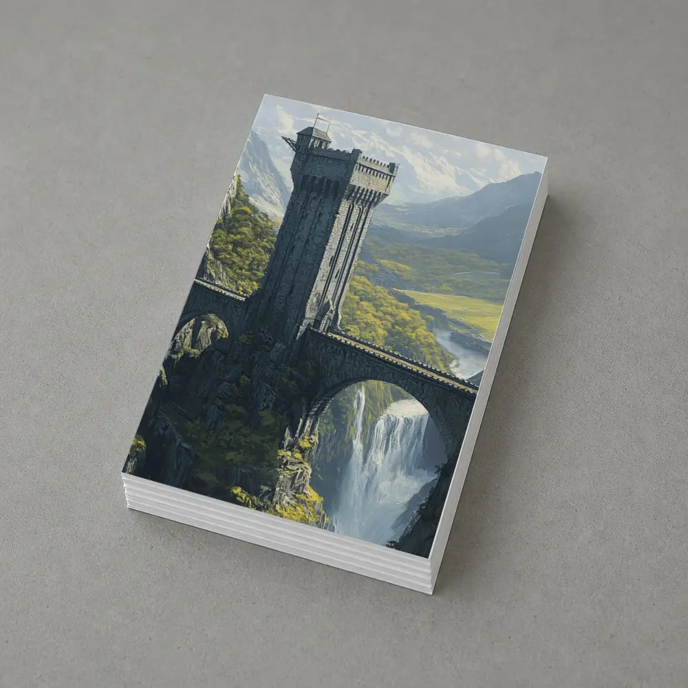 Fantasy Stone Tower Bridge Waterfall Mountains – Postcards