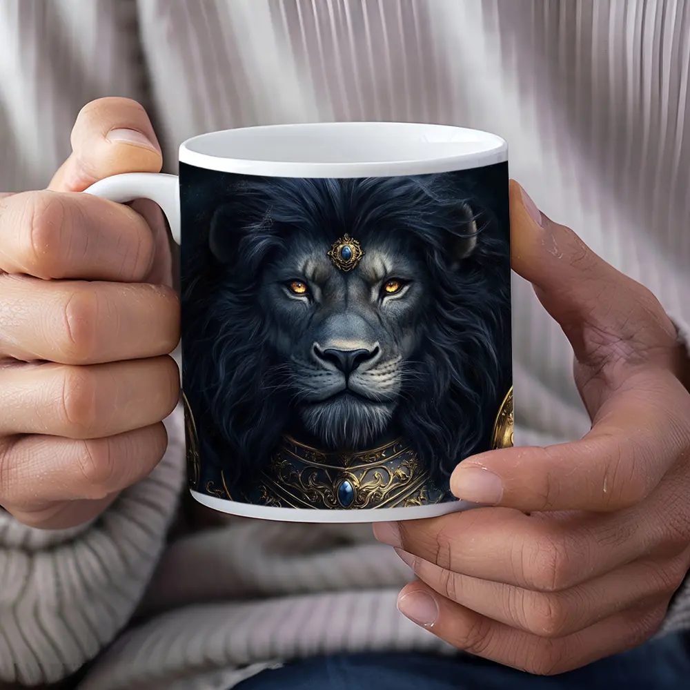 Dark Fantasy Lion Warrior Gold Armor Art – Mugs