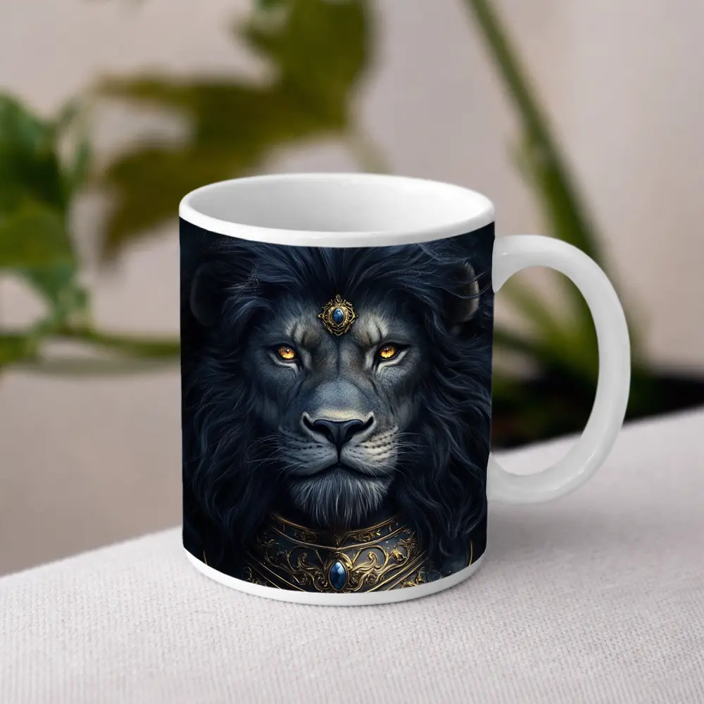 Dark Fantasy Lion Warrior Gold Armor Art – Mugs