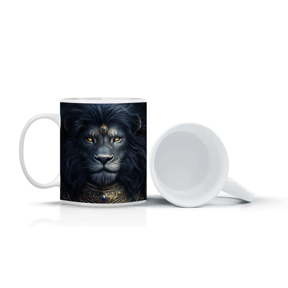 Dark Fantasy Lion Warrior Gold Armor Art – Mugs