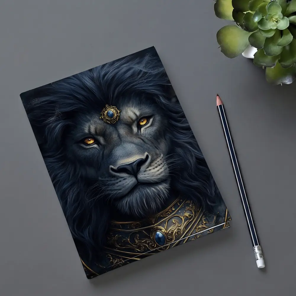 Dark Fantasy Lion Warrior Gold Armor Art – Notebooks