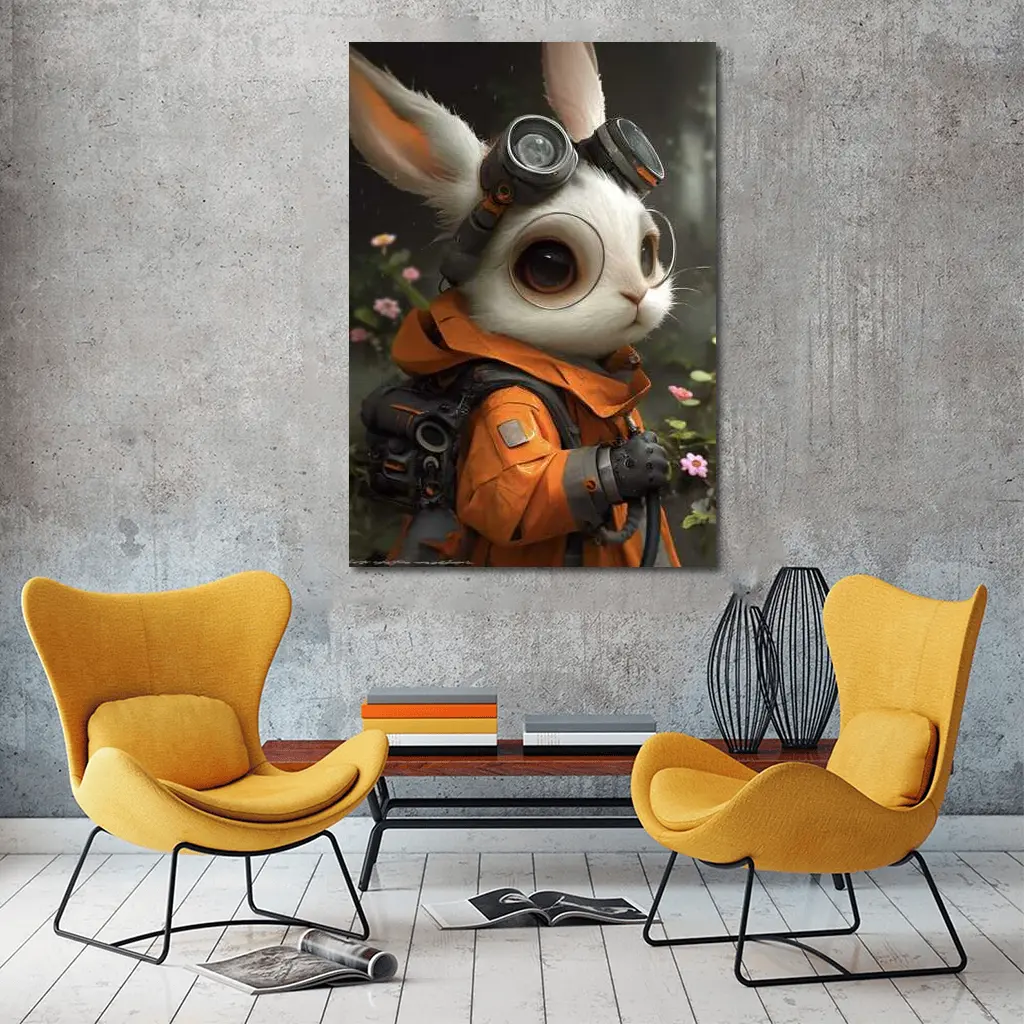 Steampunk Rabbit Explorer Orange Suit Fantasy – Wall Art