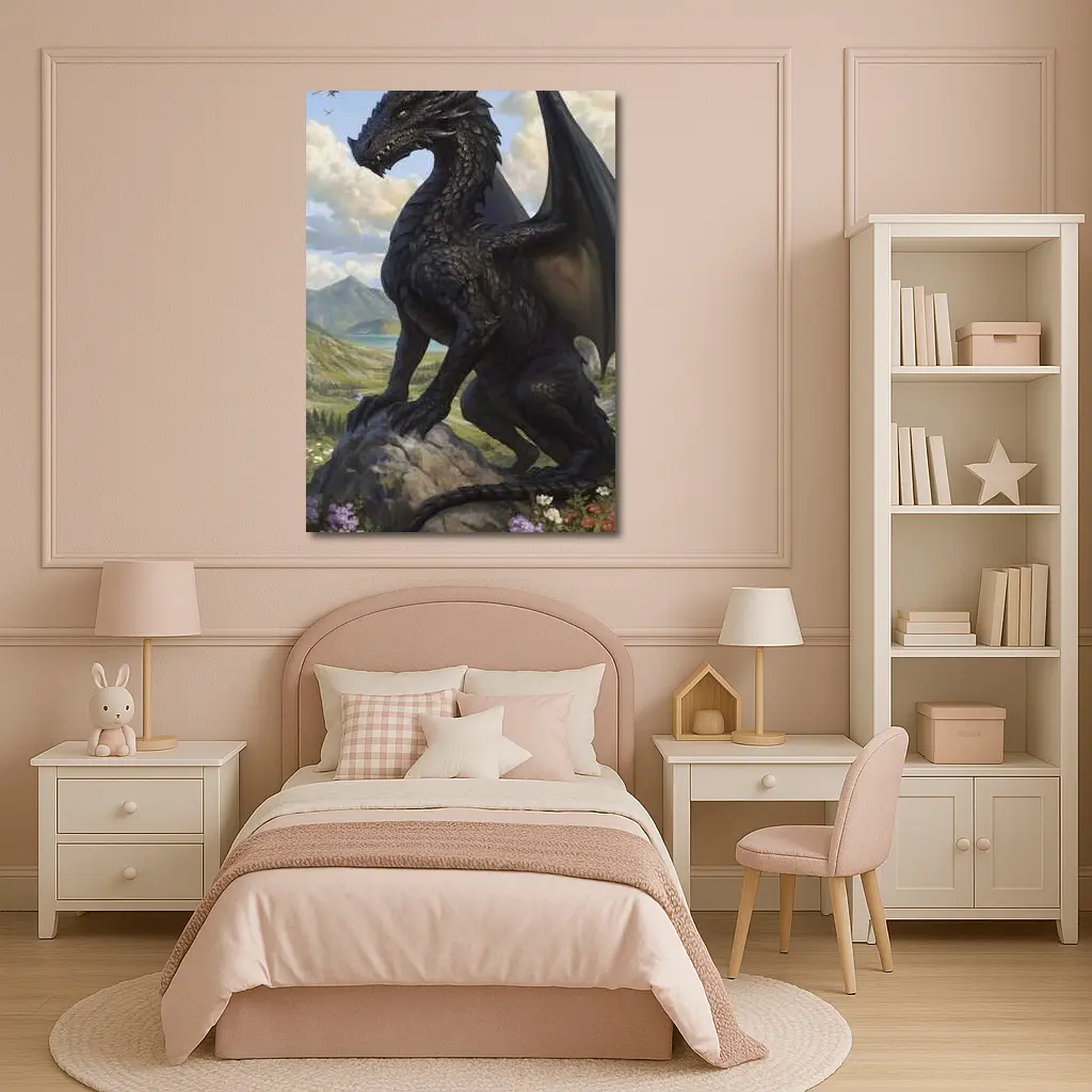 Dark Dragon Standing on Rocky Mountain Landscape – Wall Art