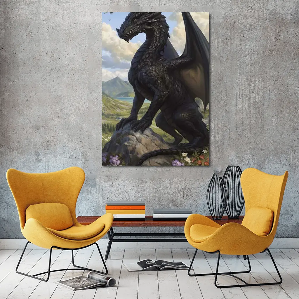 Dark Dragon Standing on Rocky Mountain Landscape – Wall Art
