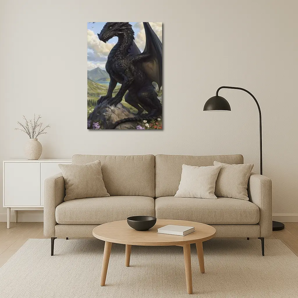 Dark Dragon Standing on Rocky Mountain Landscape – Wall Art