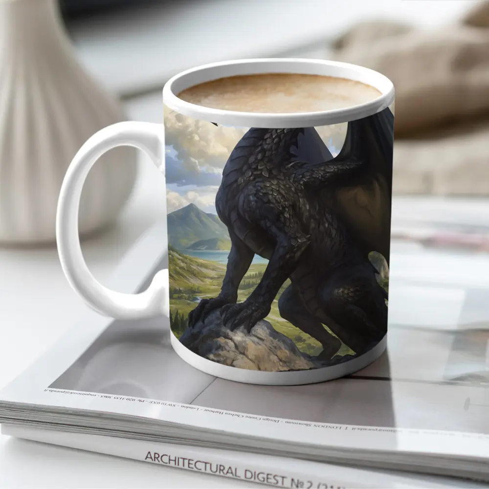 Dark Dragon Standing on Rocky Mountain Landscape – Mugs