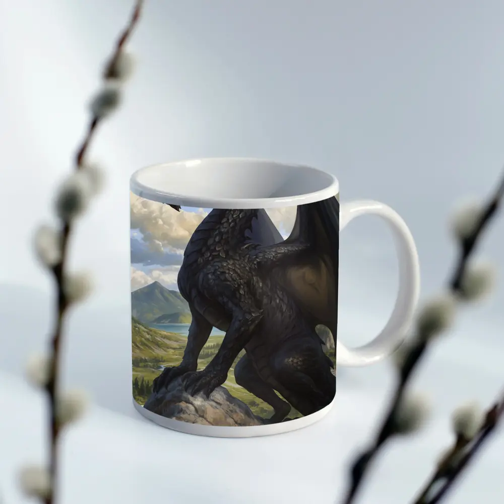 Dark Dragon Standing on Rocky Mountain Landscape – Mugs