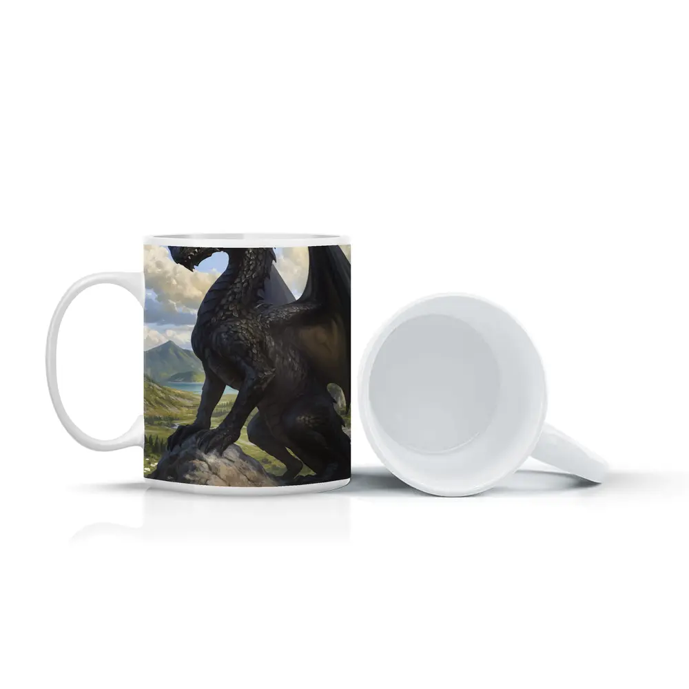 Dark Dragon Standing on Rocky Mountain Landscape – Mugs