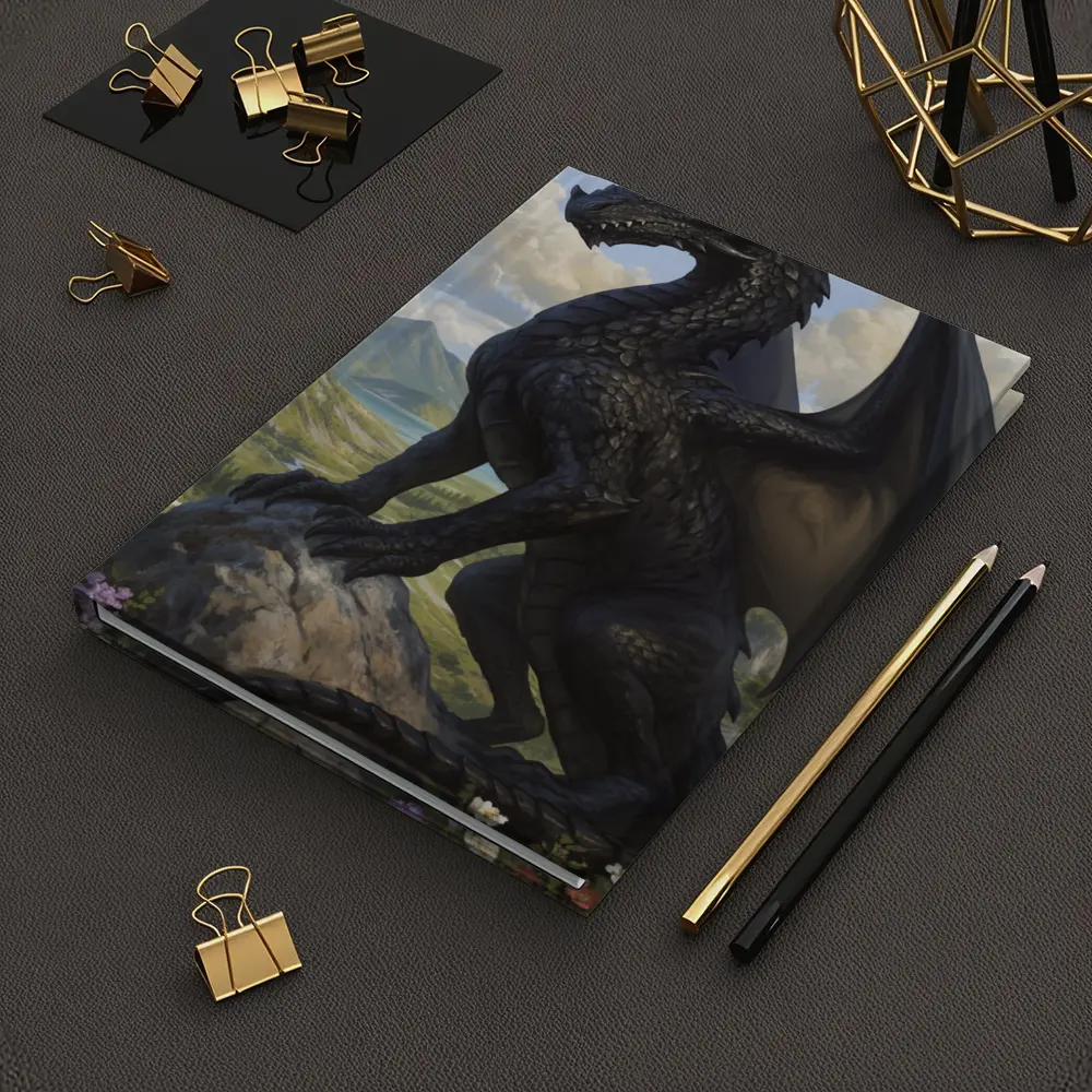 Dark Dragon Standing on Rocky Mountain Landscape – Notebooks
