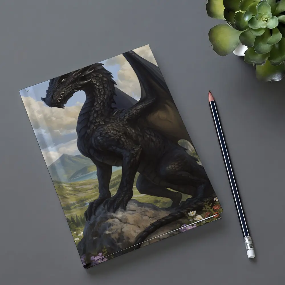 Dark Dragon Standing on Rocky Mountain Landscape – Notebooks