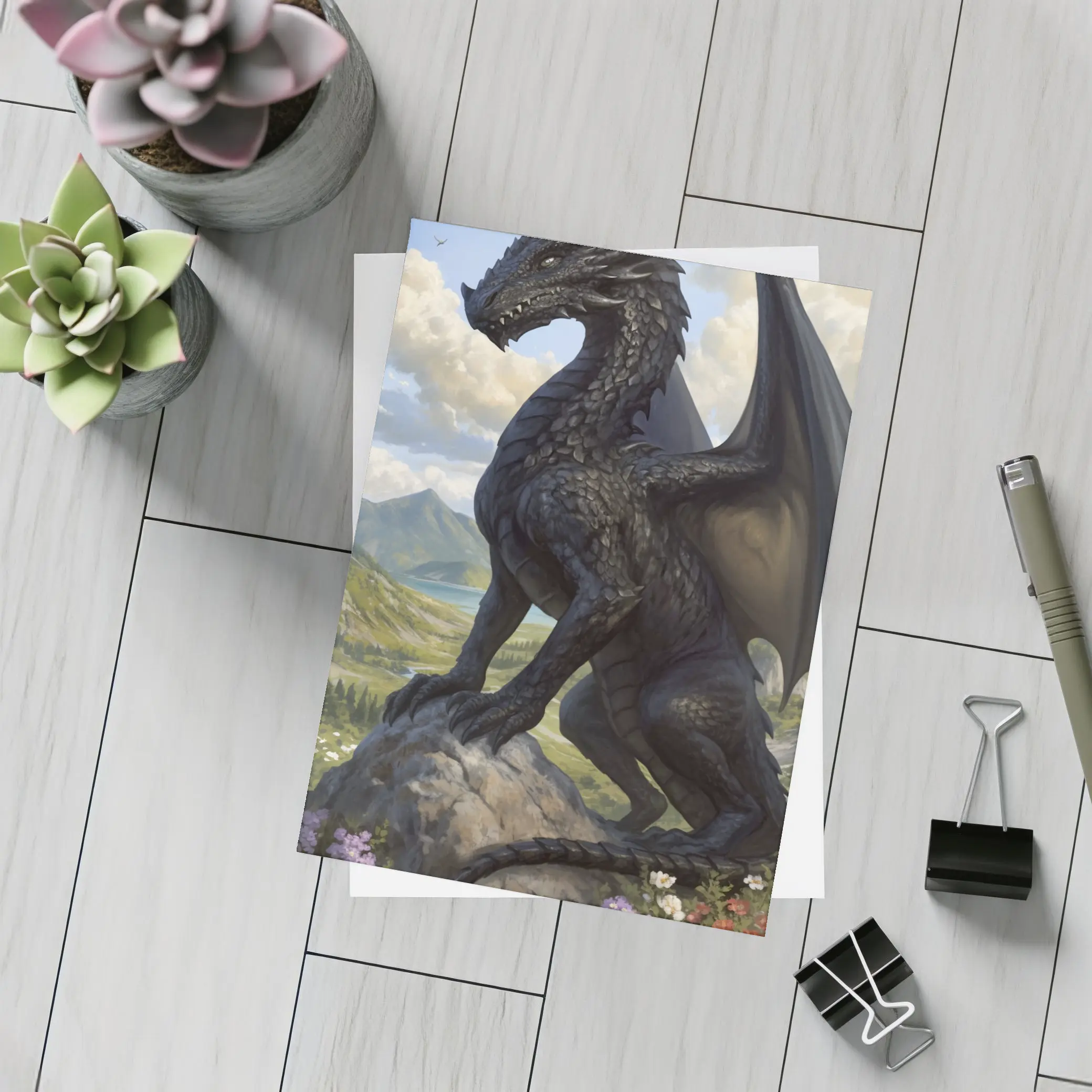 Dark Dragon Standing on Rocky Mountain Landscape – Postcards