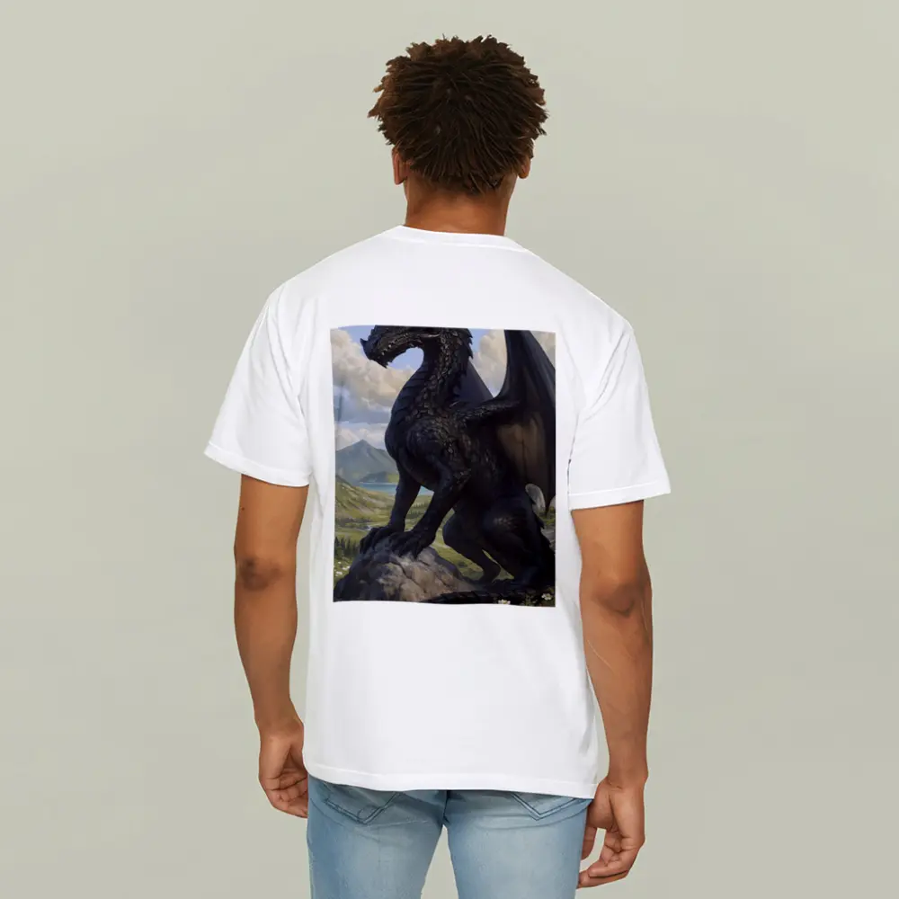 Dark Dragon Standing on Rocky Mountain Landscape – T-Shirts