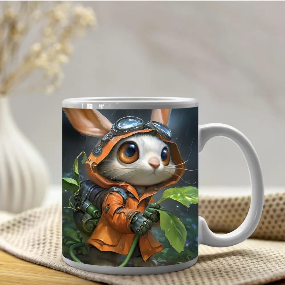 Steampunk Bunny Adventurer Orange Raincoat Rain – Mugs