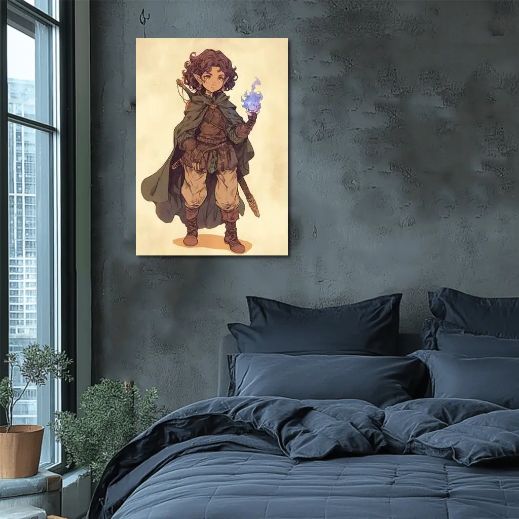 Fantasy Halfling Mage Anime Art Beige Background – Wall Art