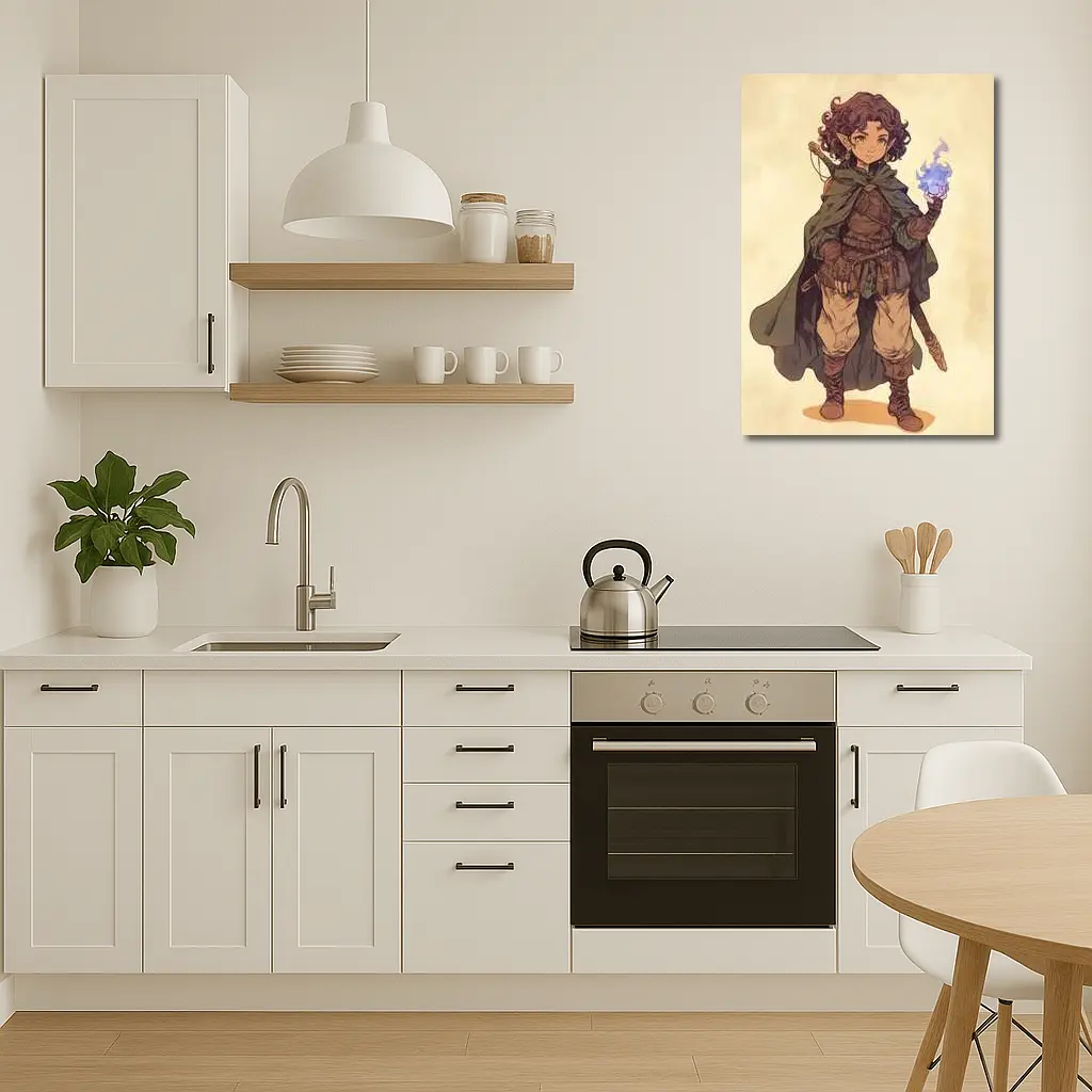 Fantasy Halfling Mage Anime Art Beige Background – Wall Art