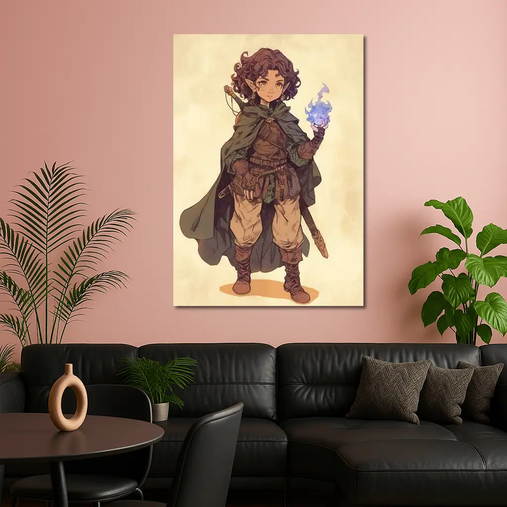 Fantasy Halfling Mage Anime Art Beige Background – Wall Art