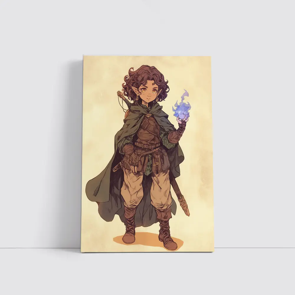Fantasy Halfling Mage Anime Art Beige Background – Wall Art