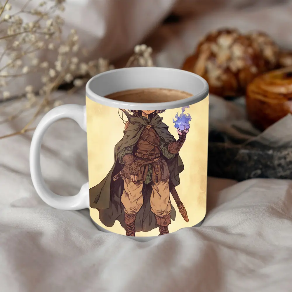 Fantasy Halfling Mage Anime Art Beige Background – Mugs