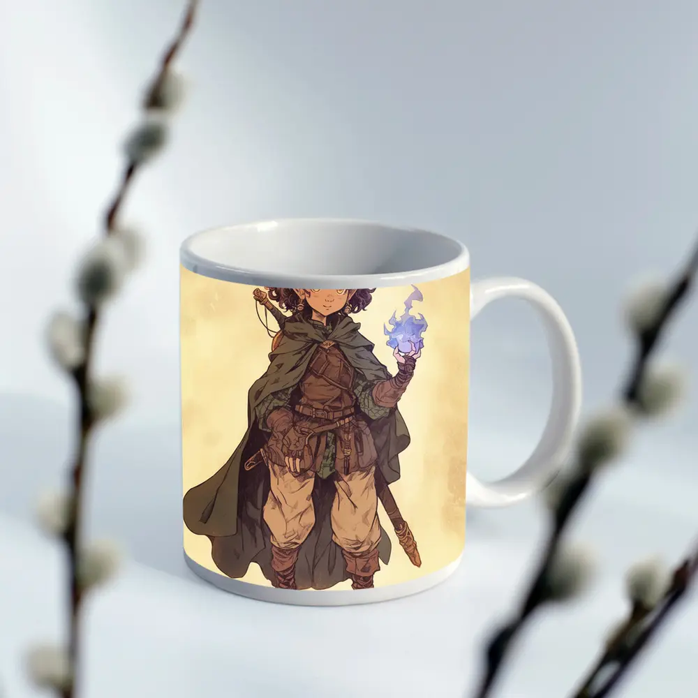 Fantasy Halfling Mage Anime Art Beige Background – Mugs