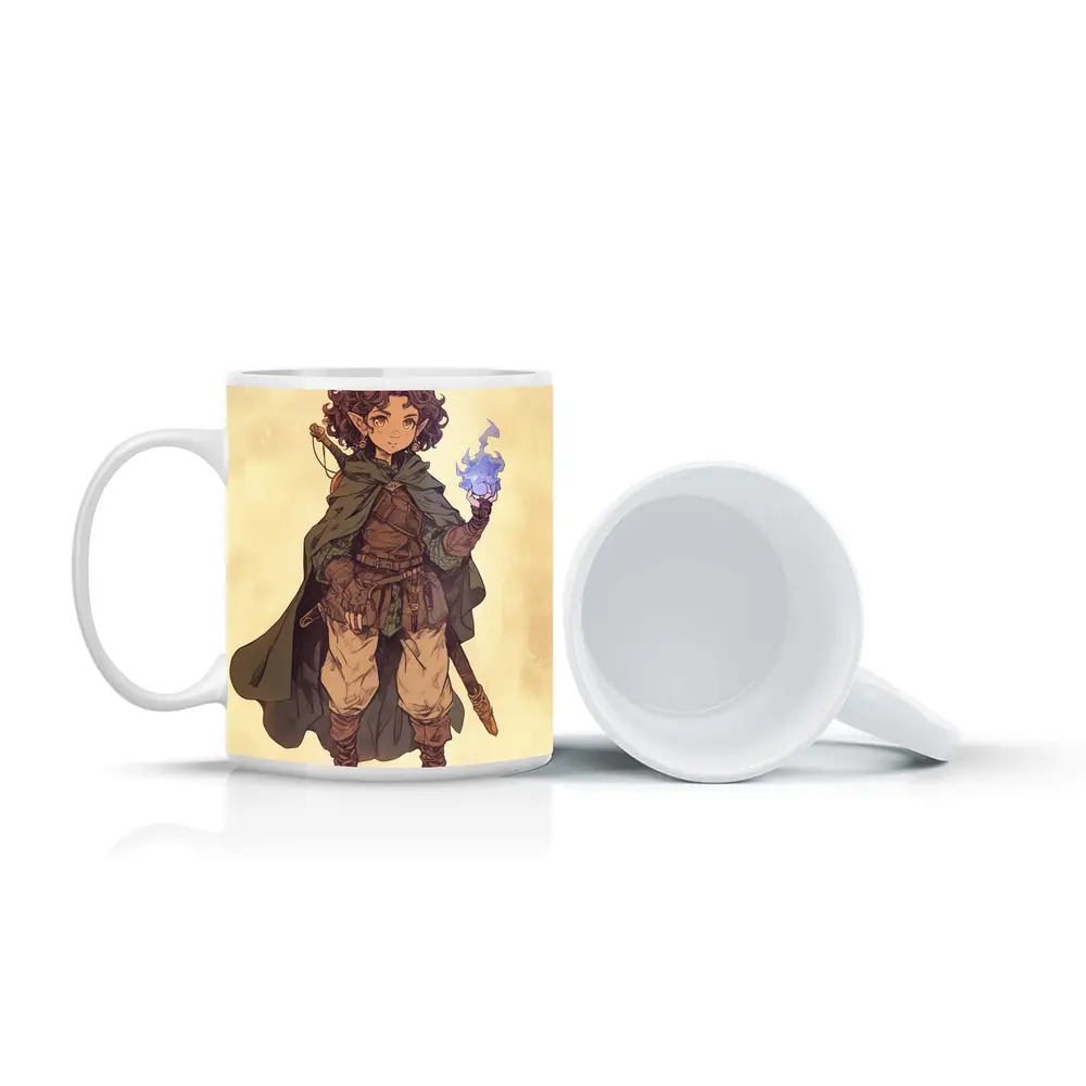 Fantasy Halfling Mage Anime Art Beige Background – Mugs